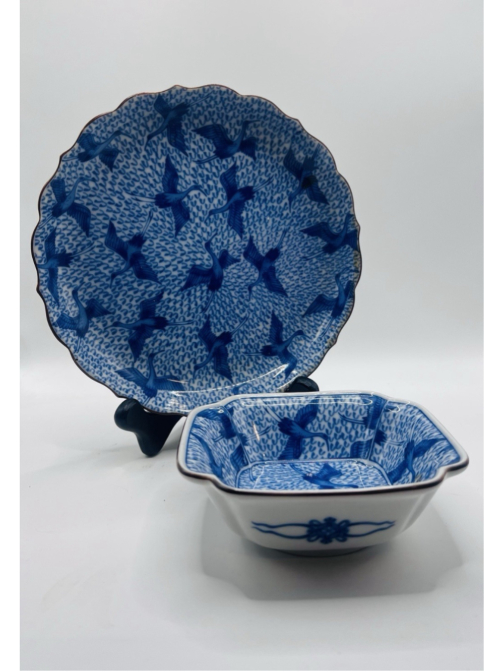 Vintage Fitz & Floyd Blue Stork Scalloped Plate & Trinket Dish Japan Birds 2pc
